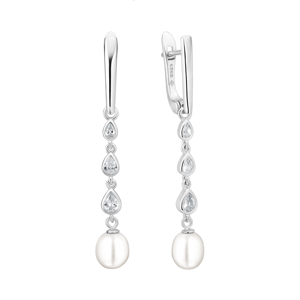 Cercei lungi din argint cu perle naturale albe și cristale, cu tortițe DiAmanti SK25481EL_W-G Cercei lungi din argint cu perle naturale albe și cristale, cu tortițe DiAmanti SK25481EL_W-G